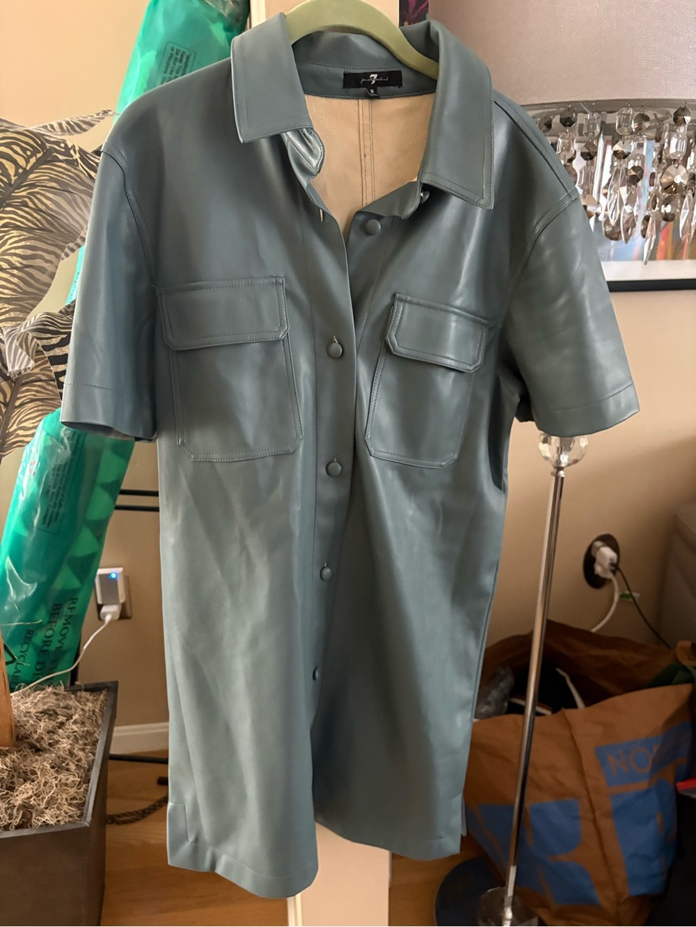 7 for all mankind Faux Leather Button-Front Short-Sleeve Shirt Dress
